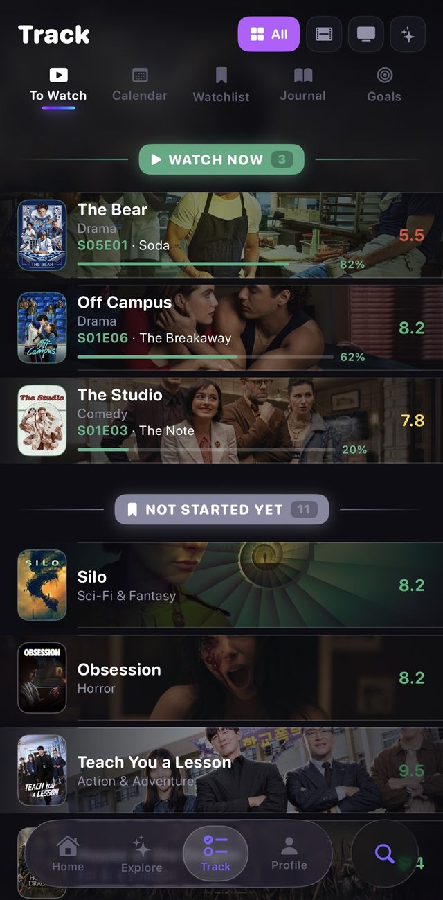 Écran Suivi avec progression des épisodes, calendrier et objectifs